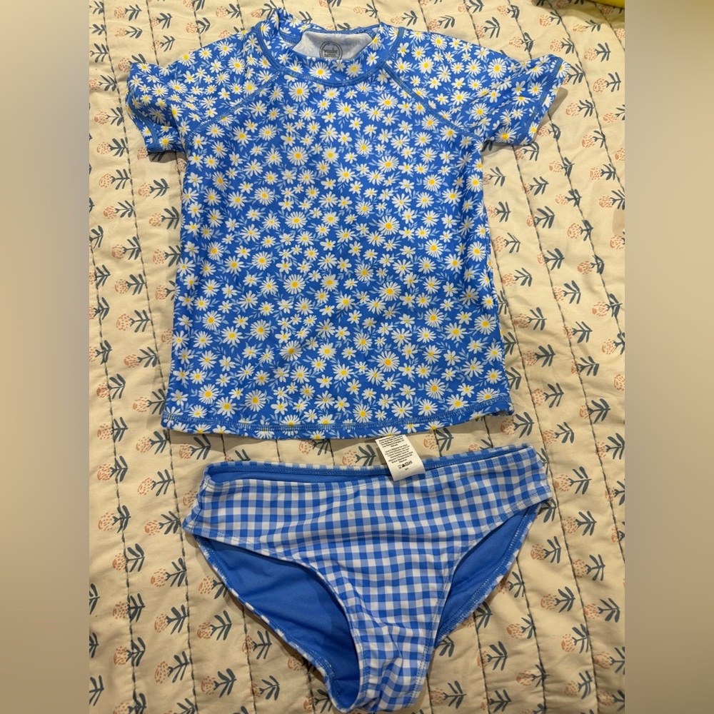 Blue Floral and Gingham Swim Set size M girl
